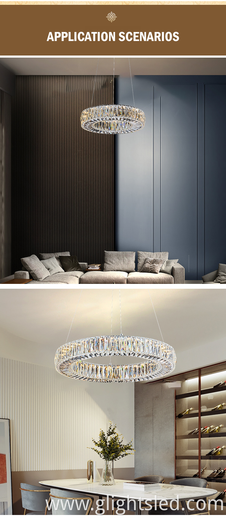 New design hotel modern Stainless steel K9 crystal 3000k 24w 37w 52w round led pendant light